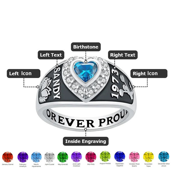 Personalized Heart Zircon Birthstone Class Ring with Engraved Text Symbol Graduation Gift