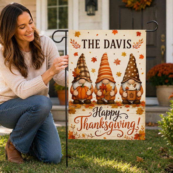 Personalized Thanksgiving Gnome Garden Flag, Custom Family Fall Pumpkin Yard Flag