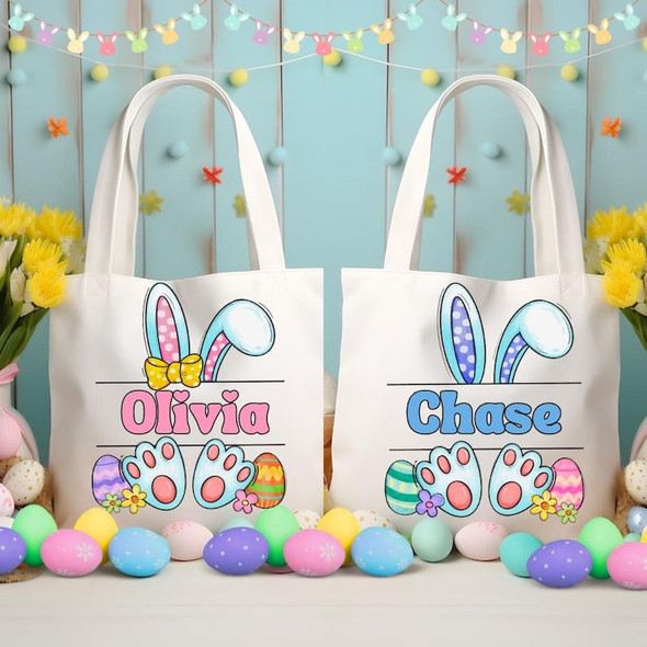 Personalized Easter Bunny Canvas Tote Bag, Custom Name Easter Bag, Bunny Ears Easter Bunny