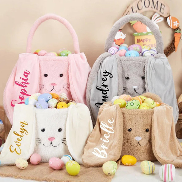 Custom Bunny Easter Basket,Personalized Plush Easter Bucket,Kid Bunny Basket with Name