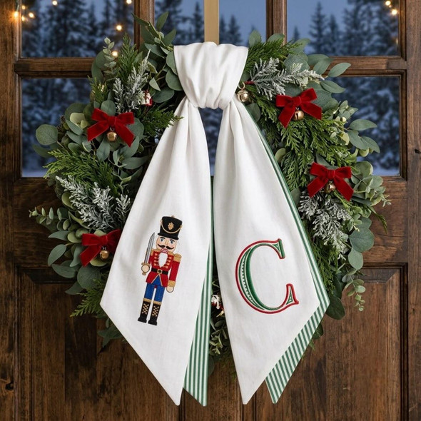 Personalized Christmas Wreath Sash, Nutcracker Monogram Front Door Decor