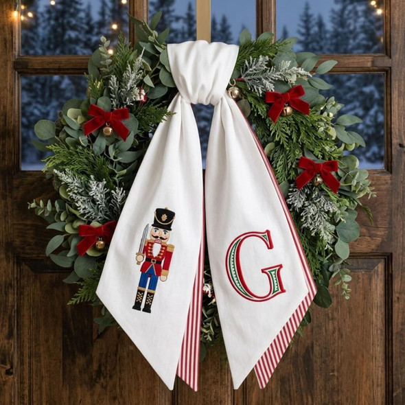 Personalized Christmas Wreath Sash, Nutcracker Monogram Front Door Decor