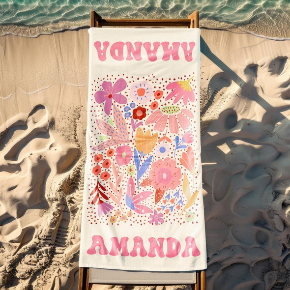 Floral Personalized Beach Towel, Custom Name Towel for Women