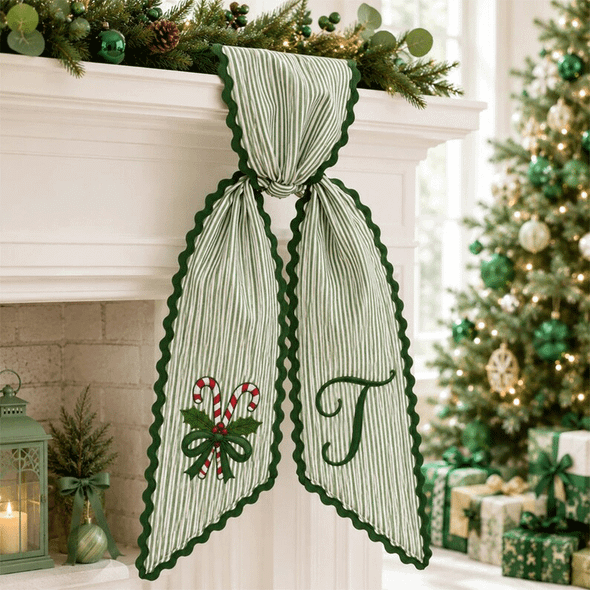 Personalized Christmas Wreath Sash, Pink Stripe Monogram Door Bow