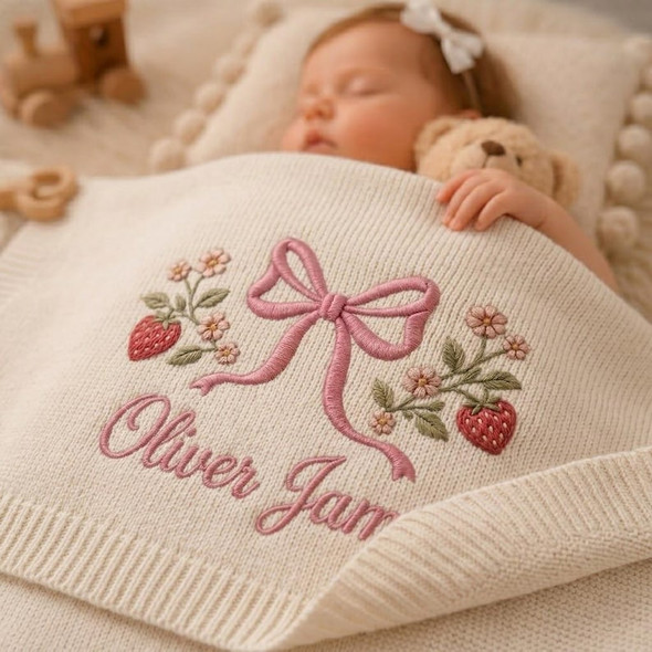 Embroidered Custom Name Strawberry Blanket, Personalized Baby Blanket