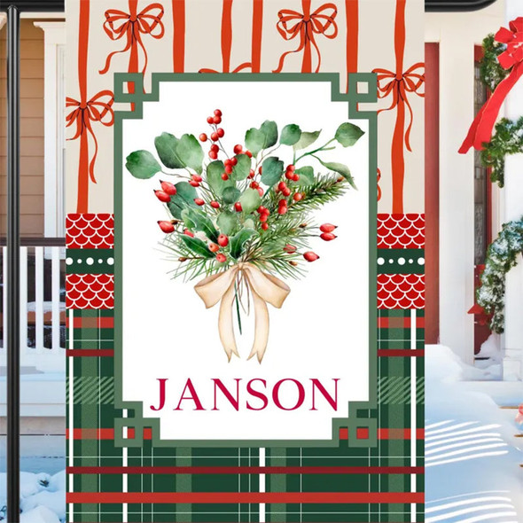 Personalized Christmas Berry Bouquet Garden Flag: Holiday Floral House Flag Outdoor Decor