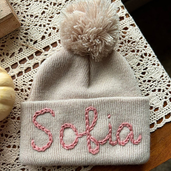 Personalized Hand Embroidered Name Winter Pom-pom Hat