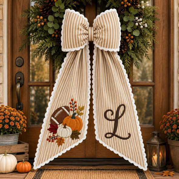 Fall Kick Off Wreath Sash, Personalized Football Pumpkin Monogram Door Bow