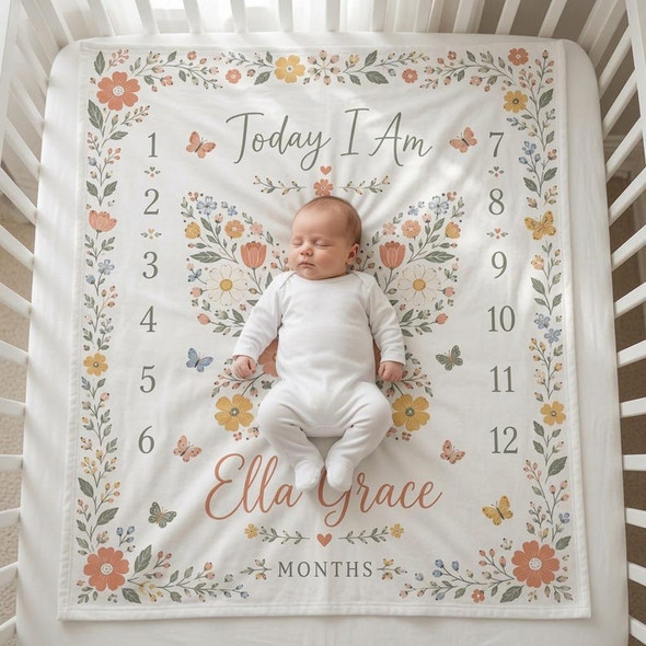 Personalized Butterfly Baby Milestone Blanket, Custom Name Baby Blanket Girl