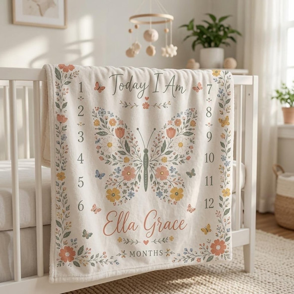 Personalized Butterfly Baby Milestone Blanket, Custom Name Baby Blanket Girl