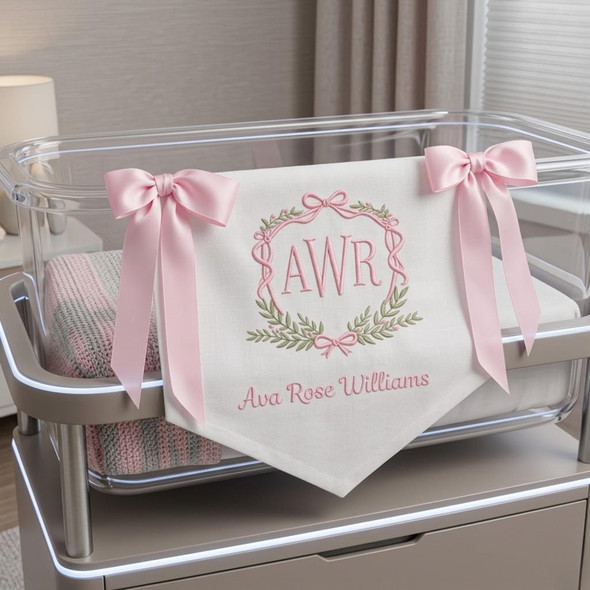 Custom Baby Banner Floral Princess Crest Welcome Banner, Hospital Door or Crib with Fabric Bows and Birth Stats Card