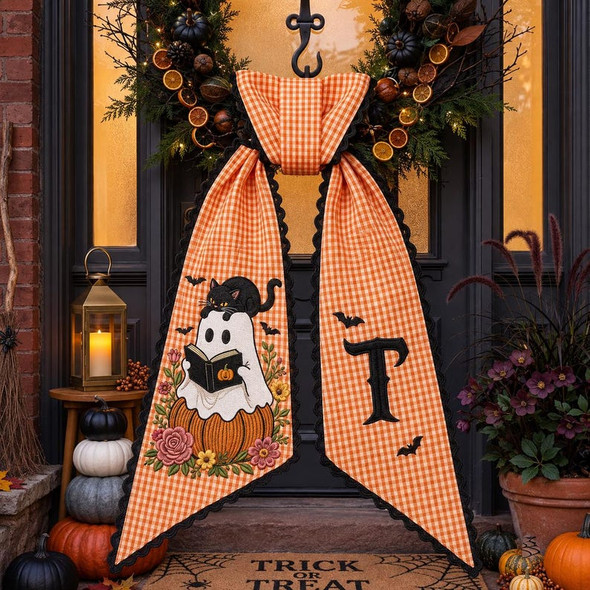 Personalized Halloween Wreath Sash, Custom Monogram Door Bow