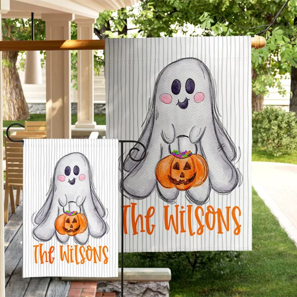 Halloween Garden Flag Outdoor Display Family Name Custom Design Watercolor Pumpkin Fall