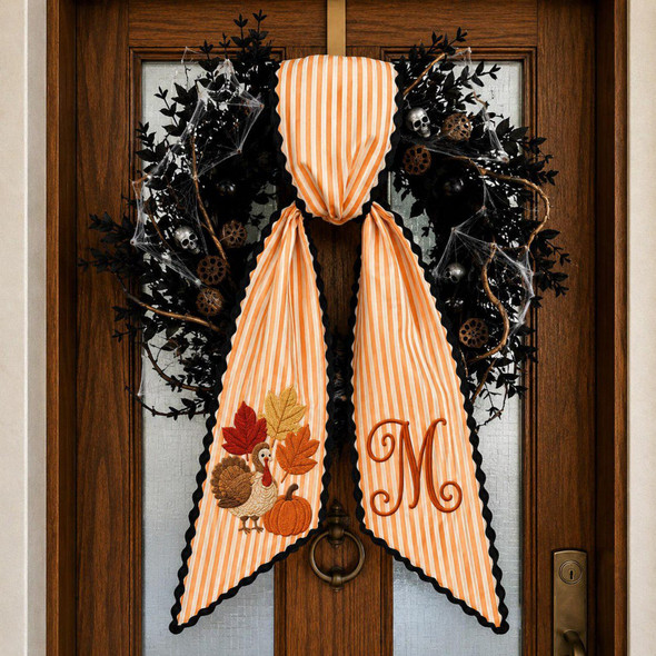 Personalized Thanksgiving Wreath Door Sash Wreath Sash, Custom Pumpkin Monogram Bow