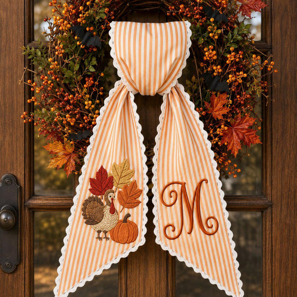 Personalized Thanksgiving Wreath Door Sash Wreath Sash, Custom Pumpkin Monogram Bow