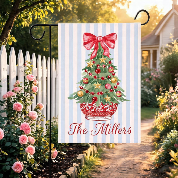 Personalized Christmas Tree Garden Flag, Watercolor Family Name Decor