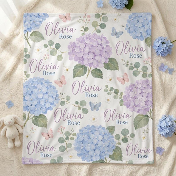 Personalized Hydrangea Baby Blanket, Custom Name Baby Girl Blanket