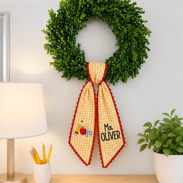 Personalized Teacher Door Wreath Bow, Custom Name Gingham Wreath Sash