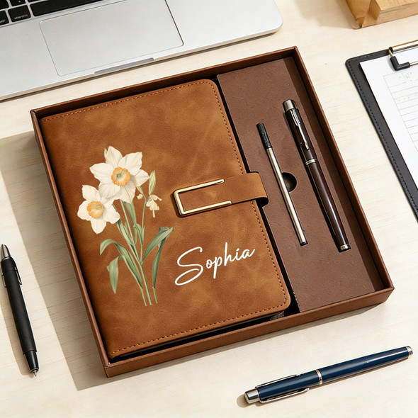 Personalized Birth Flower Notebook & Pen Set, Custom Name Leather Journal Gift