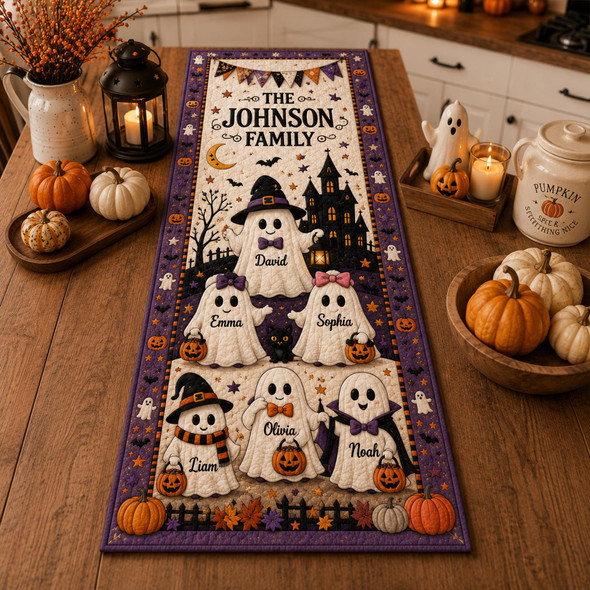 Personalized Halloween Ghost Family Quilted Table Runner, Custom Family Name Table Runner