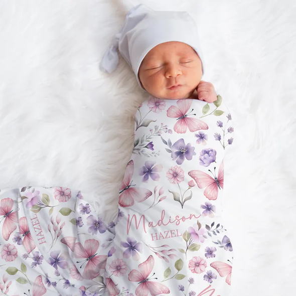 Custom Pink Butterfly Baby Name Blanket