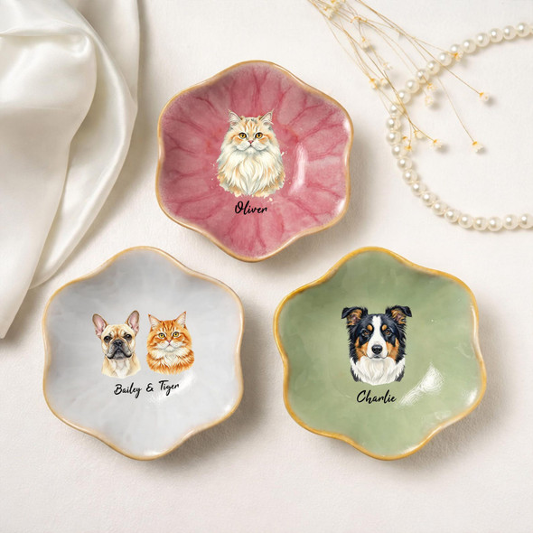 Personalized Pet Portrait Lotus Jewelry Dish, Custom Dog Portrait from Photo Ring Dish