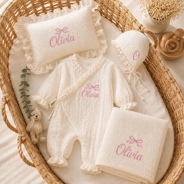Luxury Personalized Newborn Gift Set, Custom Name Embroidered Muslin Baby Romper,