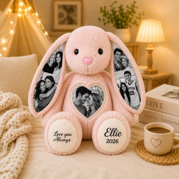 Personalized Plush Bunny with Custom Photo a?? Hidden Ear Stuffed Animal Gift for Couples