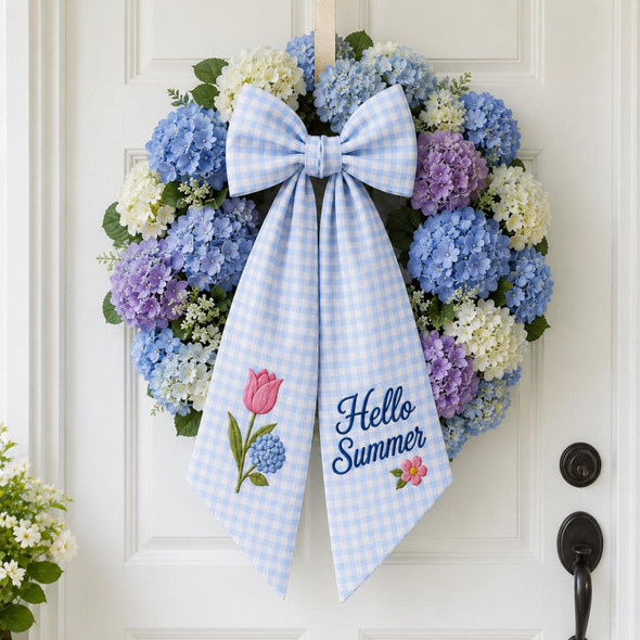 Hello Summer Wreath Sash, Personalized Blue Gingham Door Ribbon