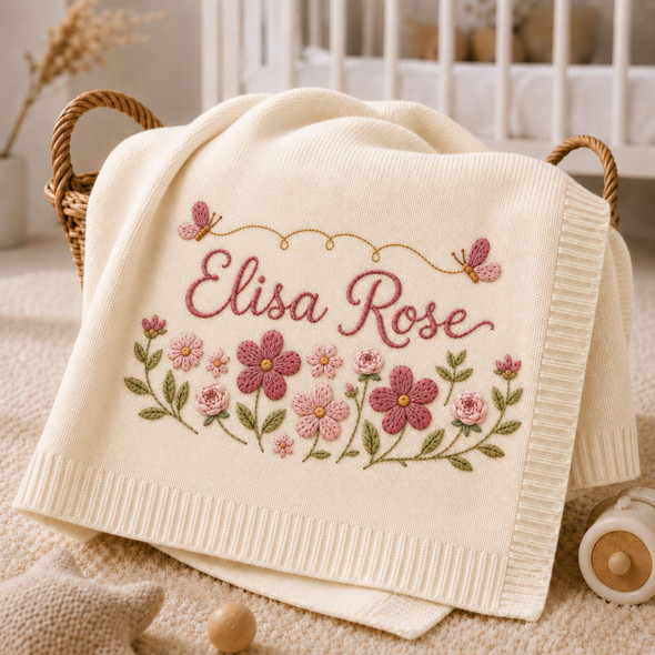Personalized Floral Butterfly Embroidered Baby Blanket, Custom Embroidered Knit Name Blanket