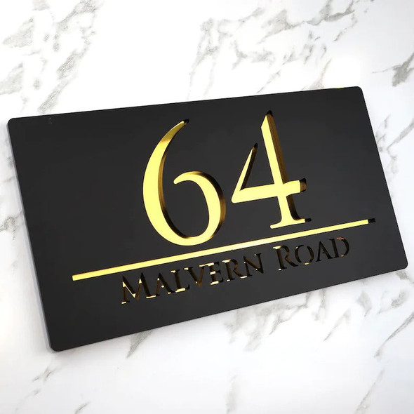 Laser Cut Matt Black & Gold Mirror Floating House Sign Door Address Laser Number Plaques