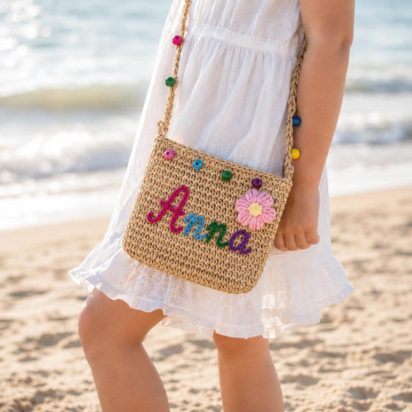 Personalized Name Straw Crossbody Bag, Custom Embroidery Kids Shoulder Bag