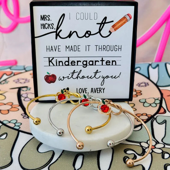 End of Year Teacher Gift Knot Bangle with apple charm, personalized Heart Card!