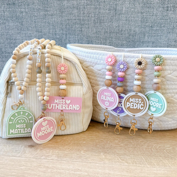 Personalized Floral Beaded Teacher Lanyard: Custom Name Tag
