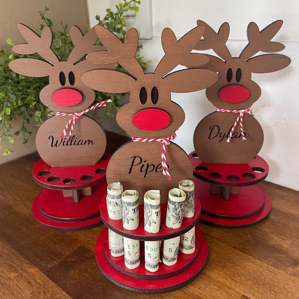 Freestanding Rudolph the Red Nose Reindeer Wooden Money Tree Money Holder with custom name