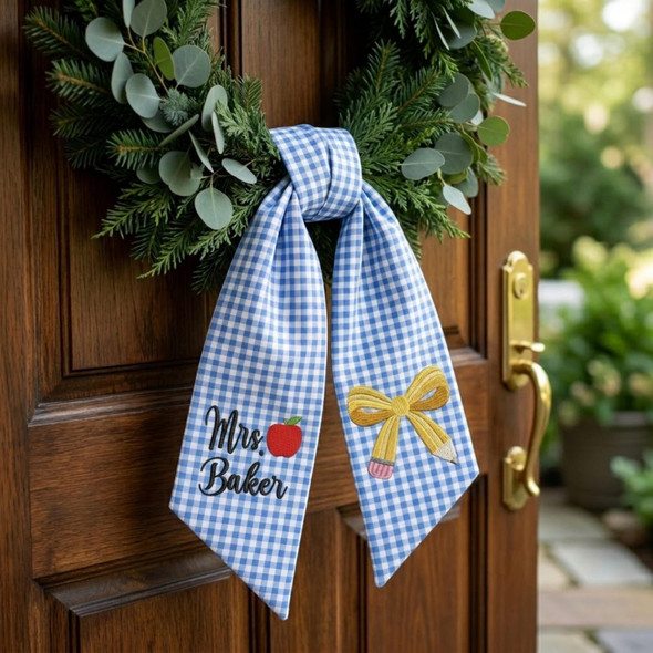 Personalized Teacher Door Wreath Bow, Custom Name Gingham Wreath Sash