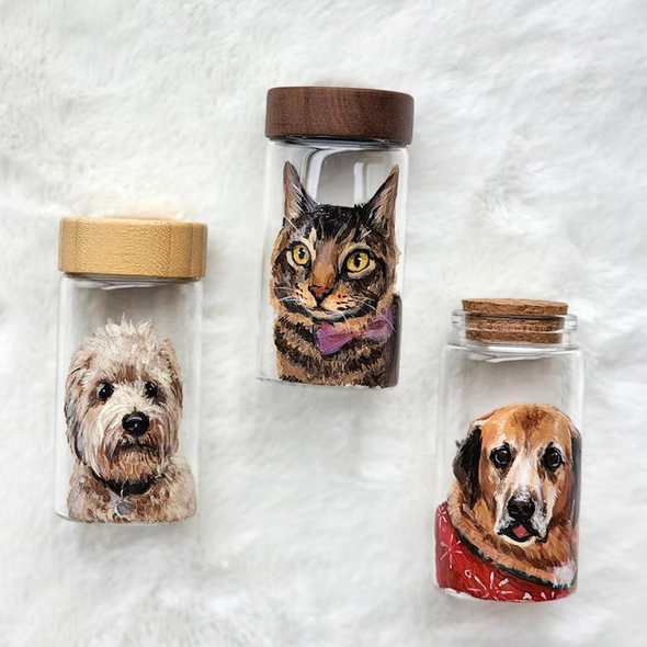 Hand Painted Pet Portrait Fur Keepsake, Custom Pet Hair Memorial Jar