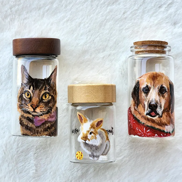 Hand Painted Pet Portrait Fur Keepsake, Custom Pet Hair Memorial Jar