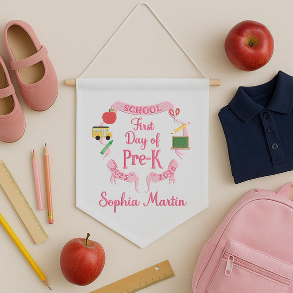 Personalized First Day of School Pennant, Embroidered Canvas Flag