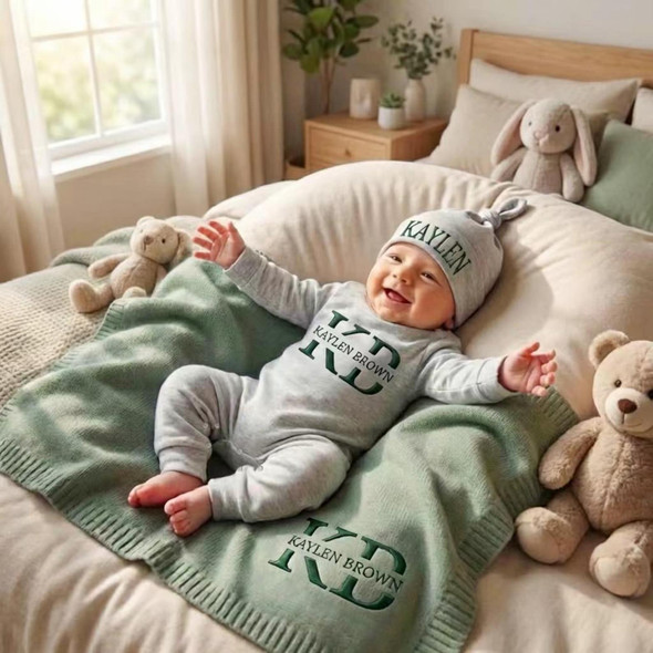 Personalized Organic Cotton Baby Name Outfit Set with Knit Blanket, Newborn Romper & Hat