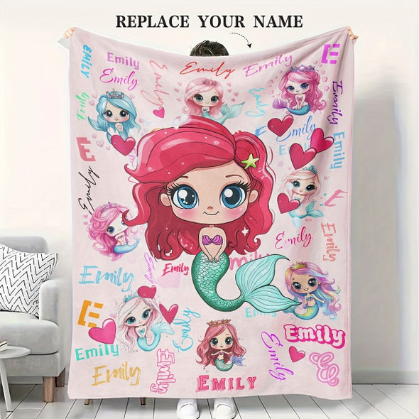Personalized Mermaid Cartoon Blanket with Custom Name