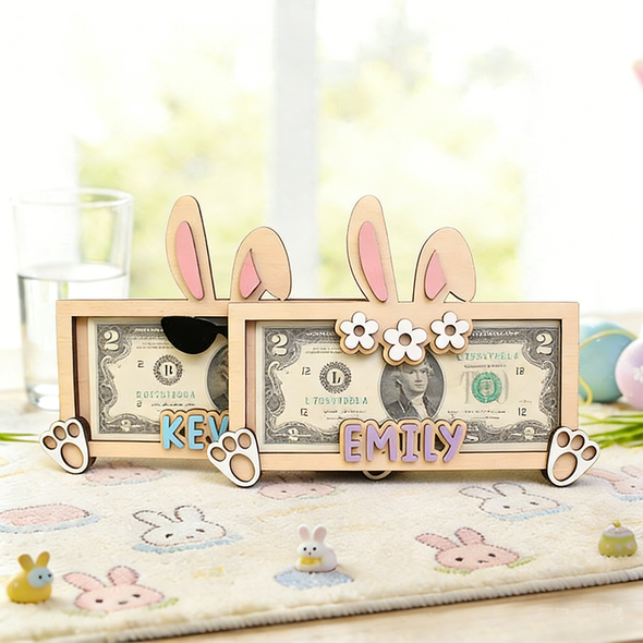 Personalized Name Bunny Money Holder, Wooden Easter Cash Holder Gift for Kids
