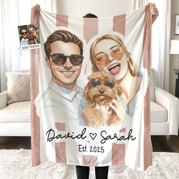 Personalized Watercolor Photo Throw Blanket With Text, Custom Family Portrait Blanket