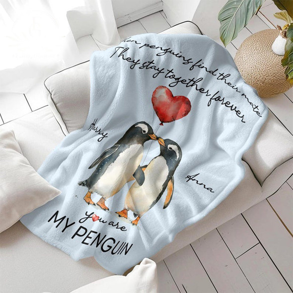 Personalized Valentine Couple Penguin Throw Blanket