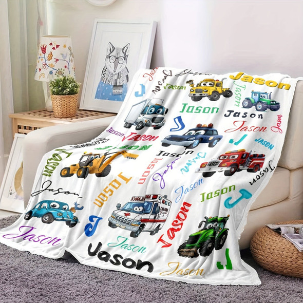 Custom Name Personalized Blanket, Cartoon Car & Engineering Vehicle Design