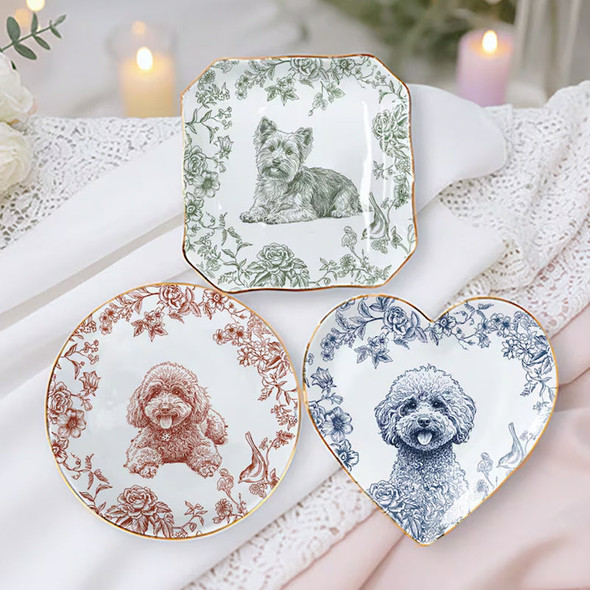 Custom Pet Portrait Jewelry Dish: Toile De Jouy Ceramic Trinket Dish