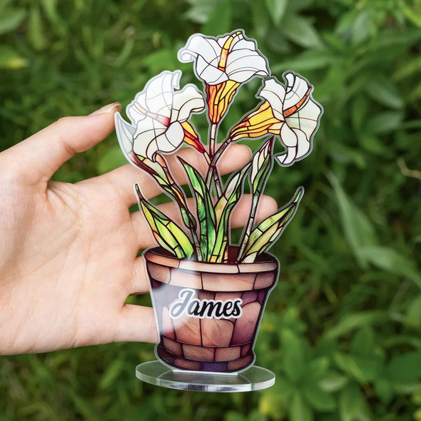 Personalized Faux Stained Glass Birth Flower Pot Acrylic Plaque