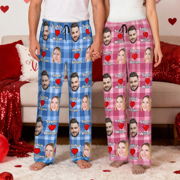Personalized Heart Couples Portrait Photos Long Pajama Pants