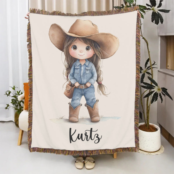 Personalized Cartoon Cowboy Tassel Blanket with Name