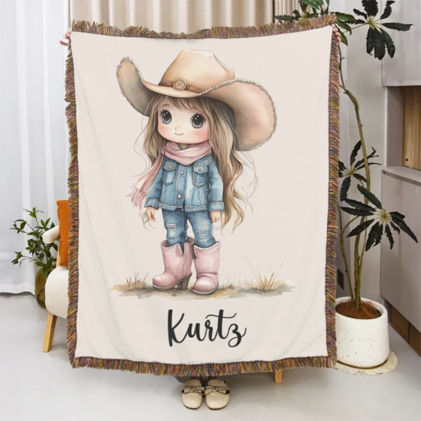 Personalized Cartoon Cowboy Tassel Blanket with Name